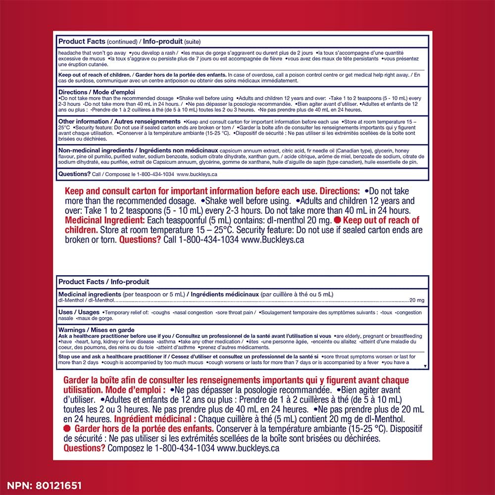 BUCKLEY'S 舒缓混合糖浆，用于缓解咳嗽、鼻塞和咽喉痛，250毫升