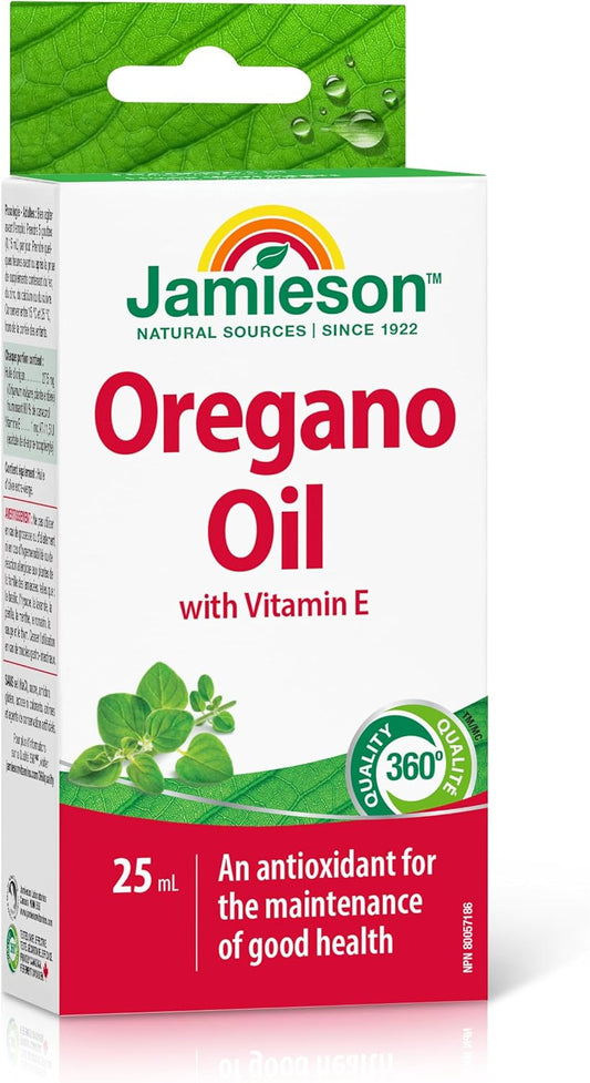 Jamieson Oregano Oil Liquid, with Vitamin E. Supports Immune Health, Antioxidant, Gluten-Free, Lactose-Free, 25 mL, Proudly Canadian