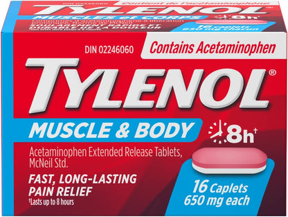Tylenol Muscle Aches and Body Pain, Acetaminophen 650 mg, Joint Pain, Muscle Ache Relief, Fast and Long Lasting, 16 Caplets