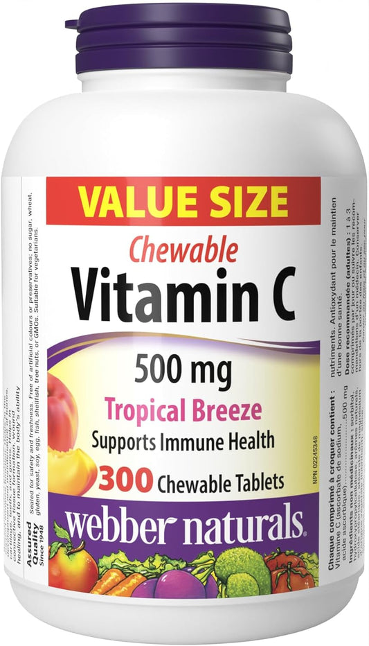 Webber Naturals Vitamin C Chewable 500 mg, 300 Tropical Breeze Flavour Tablets, For Bones, Teeth, Immune and Antioxidant Health