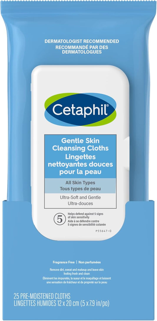 Cetaphil Gentle Skin Cleansing Cloths - Face and Body Wipes - Removes Dirt, Oil and Makeup - Non Irritating, For Sensitive Skin - Dermatologist Recommended, 25-Count