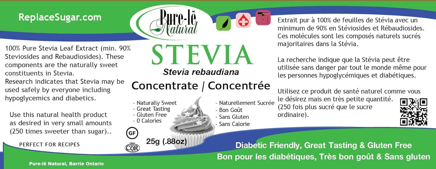 Stevia Concentrated Powder, 25g. Ultra pure (no fillers or flow agents). Ultra concentrated (a couple of grains = 1 teaspoon of sugar sweetness.
