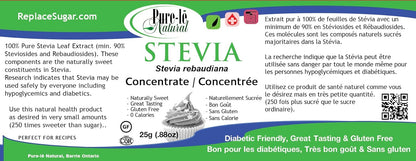 Stevia Concentrated Powder, 25g. Ultra pure (no fillers or flow agents). Ultra concentrated (a couple of grains = 1 teaspoon of sugar sweetness.