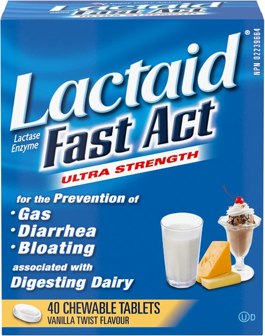 Lactaid Fast Act Ultra Strength Lactase Enzyme, Vanilla Twist Flavour, 40 Chewable Tablets