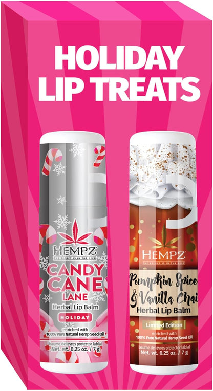 Hempz Fall Lip Balm, Limited Edition 2-Pack, Pumpkin Spice and Peppermint Candy Cane, Hydrating Lip Care for Men and Women, .25 oz tube