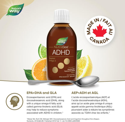 NutraSea ADHD 靶向 Omega-3，940 毫克 EPA + DHA，80 毫克 GLA，500 IU 维生素 D3，200 毫升液体