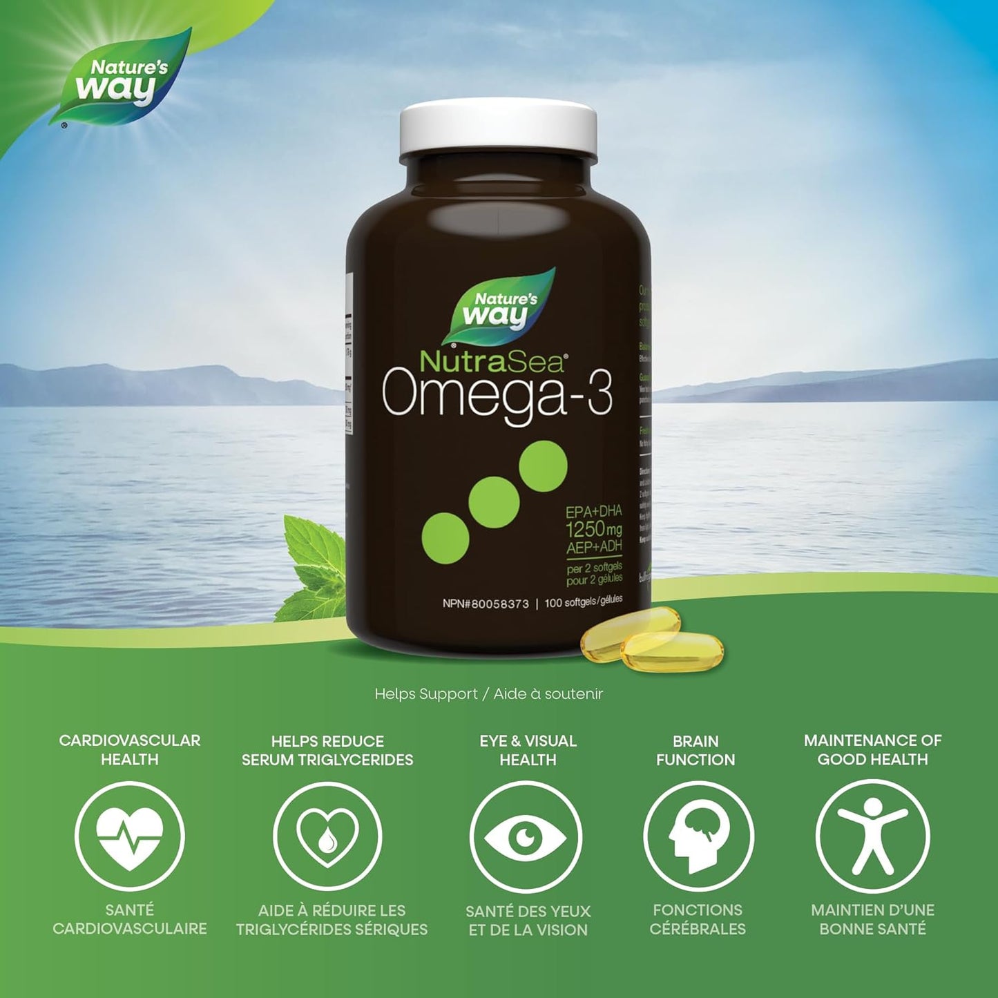 Nature's Way NutraSea Omega 3 軟膠囊 – 1250 毫克 EPA + DHA - 心血管和大腦健康 - Omega 3 魚油補充劑 - 清新薄荷味，100 粒軟膠囊