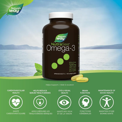 Nature's Way NutraSea Omega 3 軟膠囊 – 1250 毫克 EPA + DHA - 心血管和大腦健康 - Omega 3 魚油補充劑 - 清新薄荷味，100 粒軟膠囊