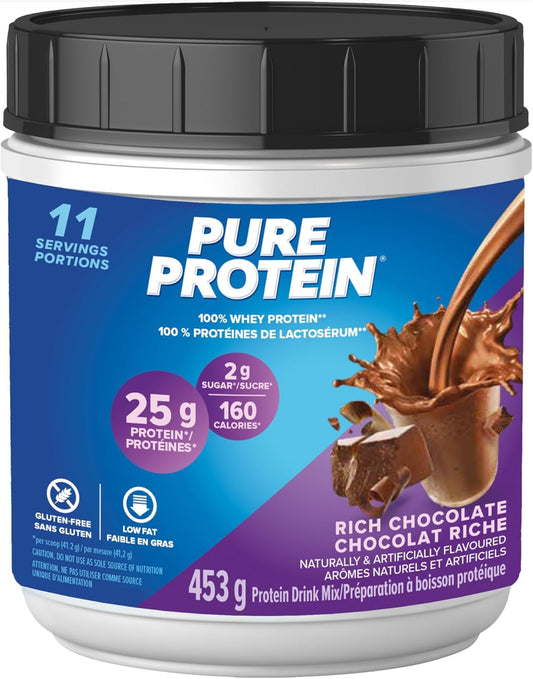 Pure Protein Whey Powder - High Protein (25 g/scoop), Low Sugar (2 g/scoop), Gluten Free - Fast-Acting Formula, Chocolate, 453g