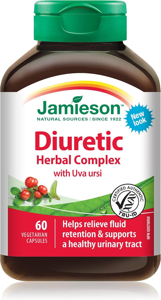 Jamieson 利尿草本复合物，蕴含熊果，有助于缓解体液潴留和轻微尿路感染相关症状。非转基因，无麸质，60 粒素食胶囊，加拿大制造