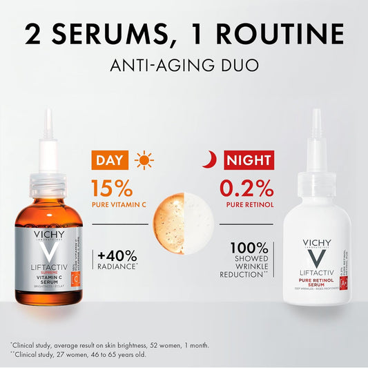 Vichy LiftActiv 15% Vitamin C Serum for Face with Hyaluronic Acid, Vitamin E & Polyphenols or BUNDLE with B3 5% Niacinamide Serum Facial Moisturizing Serum, Safe for Sensitive Skin, 20ML