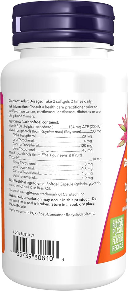 NOW Supplements, 高级伽玛 E 复合物，混合生育酚和生育三烯酚，抗氧化保护*，60 粒软胶囊