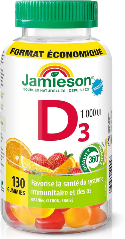 Jamieson 维生素 D3 1,000 IU 软糖，橙子、柠檬和草莓口味，支持免疫健康，强健骨骼和牙齿。素食，非转基因，无麸质，无人工香料或色素，130 粒，加拿大制造
