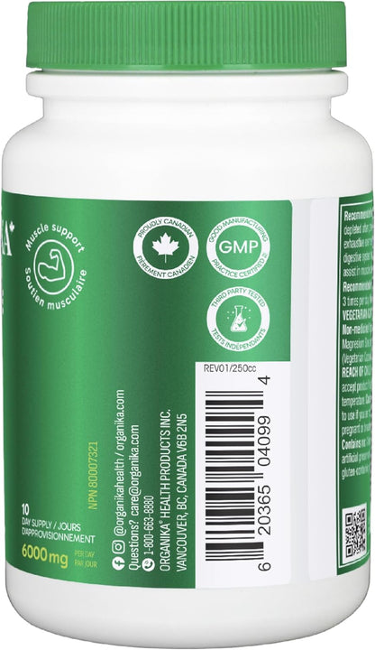 Organika 加拿大製造 L-麩醯胺酸 - 高吸收配方 - 增強免疫防禦、肌肉恢復和腸道健康 | 500 毫克 120 粒膠囊