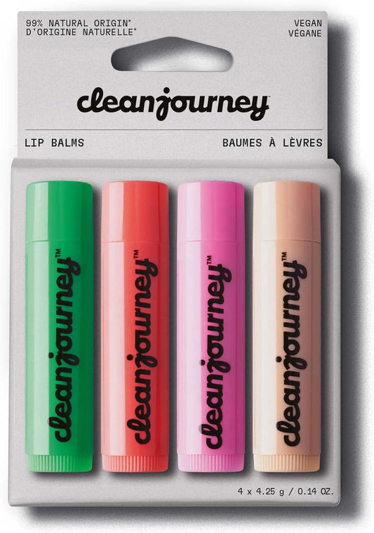 cleanjourney 潤唇膏套裝，99% 天然來源，滋養和保護，蓖麻油、椰子油和乳木果油，EWG 認證，純素，適用於乾燥的嘴唇，薄荷、覆盆子、異國情調和椰子，4.25 克（4 件裝）