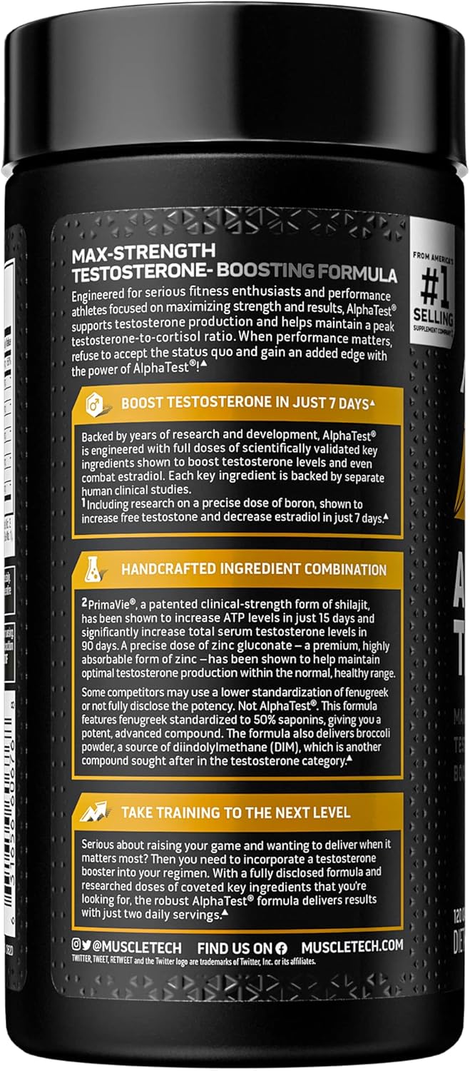 MuscleTech 男士睾酮促进剂、MuscleTech AlphaTest、男士蒺藜、男士强效 ATP 和睾酮促进剂、提升游离睾酮和 ATP 水平，90 粒胶囊 - 包装各异
