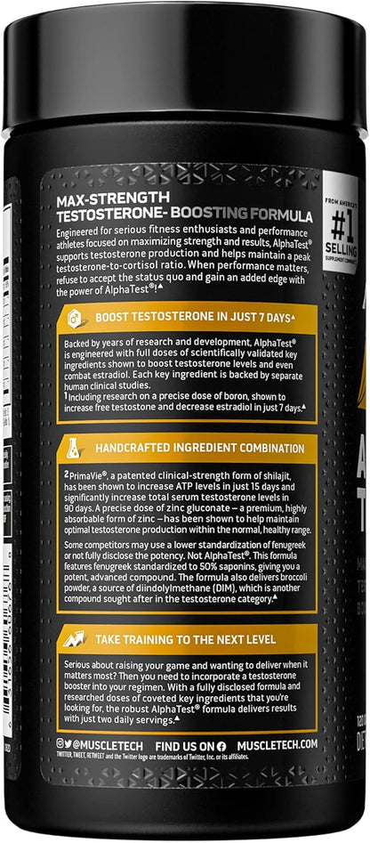 MuscleTech 男士睾酮促进剂、MuscleTech AlphaTest、男士蒺藜、男士强效 ATP 和睾酮促进剂、提升游离睾酮和 ATP 水平，90 粒胶囊 - 包装各异