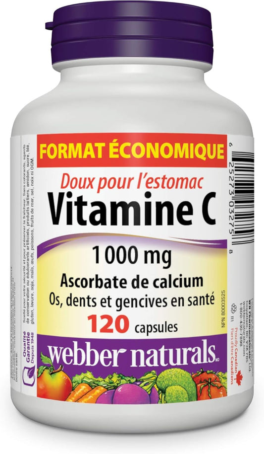 Webber Naturals Vitamin C Stomach Friendly 1000 mg, 120 Capsules, For Bones, Teeth, Immune and Antioxidant Health