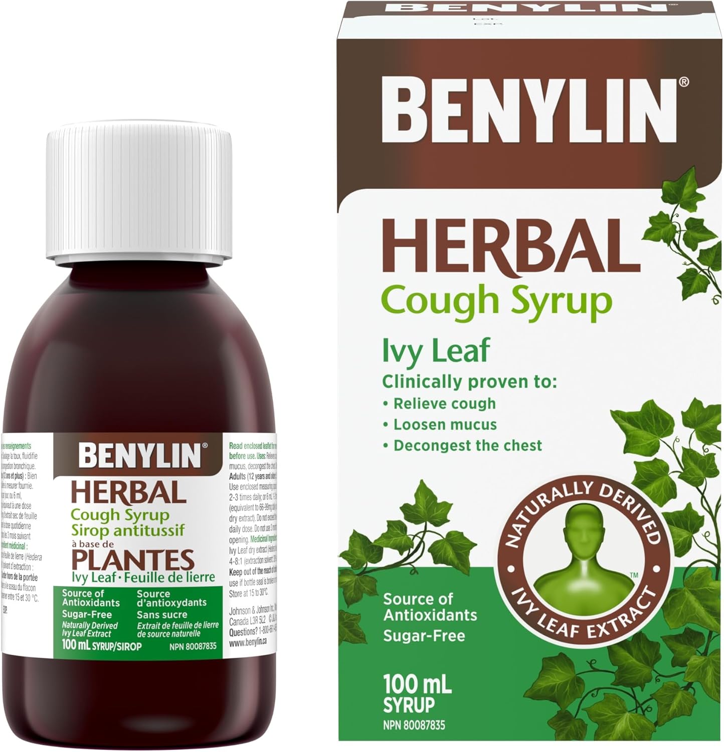 BENYLIN HERBAL Cough Syrup Ivy Leaf, Herbal Decongestant, Cold & Flu Relief, Cough Suppressant, Sugar Free, Antioxidants, 100-mL