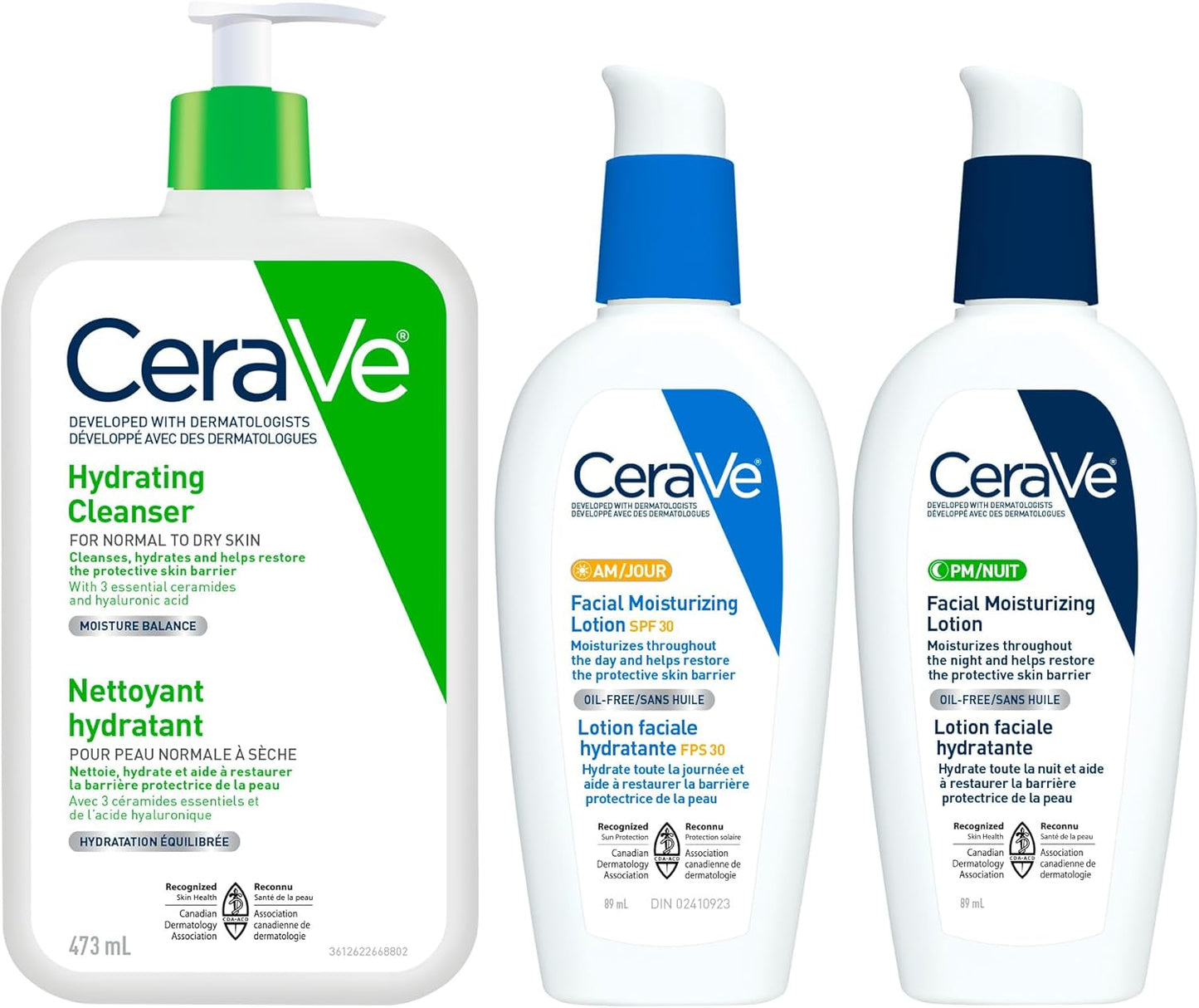 CeraVe 洁面乳和面霜套装（3 件装）、Cerave 日常必需品、保湿洁面乳、上午保湿乳液 SPF 30 和下午保湿乳液，含透明质酸和神经酰胺，无香型