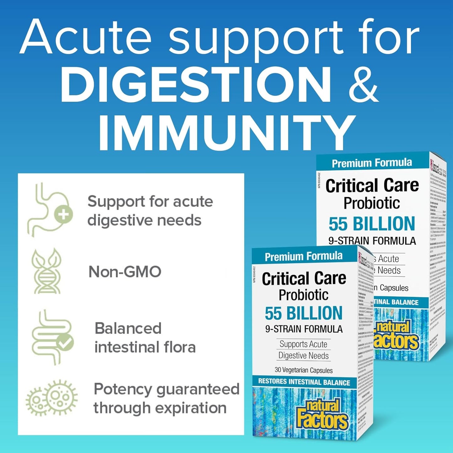 Natural Factors Critical Care Probiotic 55 Billion Live Probiotic Cultures, 9-Strain Formula, HIGH POTENCY, 80 Vegetarian Capsules, VALUE SIZE, Supports Acute Digestive Needs & Restores Intestinal Balance, Proudly Canadian