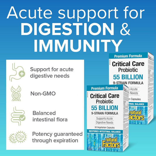 Natural Factors Critical Care Probiotic 55 Billion Live Probiotic Cultures, 9-Strain Formula, HIGH POTENCY, 80 Vegetarian Capsules, VALUE SIZE, Supports Acute Digestive Needs & Restores Intestinal Balance, Proudly Canadian