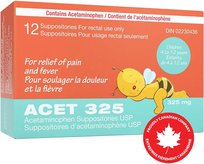 ACET Acetaminophen Suppository 325mg - Fever & Pain Relief for Children (4-12 Years) - 12 Count, White, Disposable, Rectal Use Only