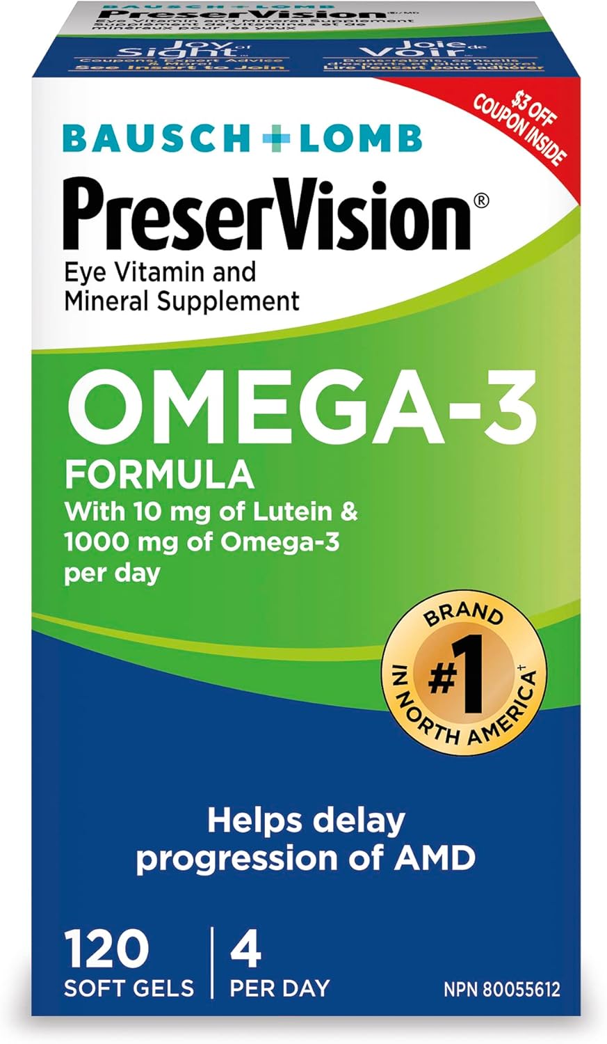 PreserVision Omega-3 眼部维生素和矿物质补充剂，含 Omega-3、叶黄素、维生素 C、玉米黄质、锌和维生素 E，120 粒软胶囊
