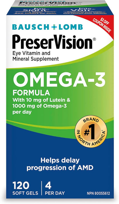 PreserVision Omega-3 眼部维生素和矿物质补充剂，含 Omega-3、叶黄素、维生素 C、玉米黄质、锌和维生素 E，120 粒软胶囊