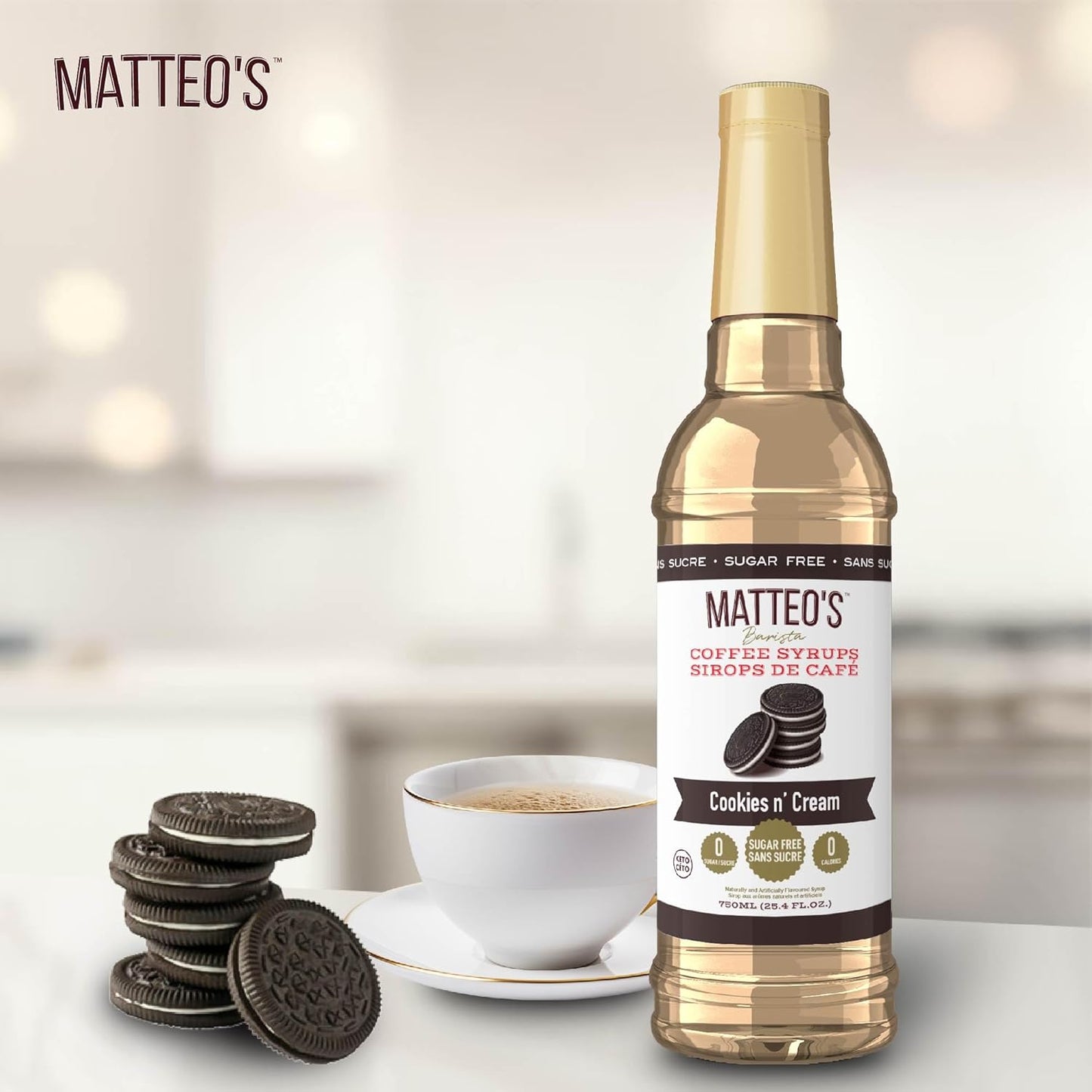 Matteo's Barista 风格无糖咖啡糖浆，曲奇奶油口味，零卡路里和糖，适合生酮饮食，适合拿铁、卡布奇诺、浓缩咖啡、美式咖啡，口感浓郁，25.4 盎司 1 包