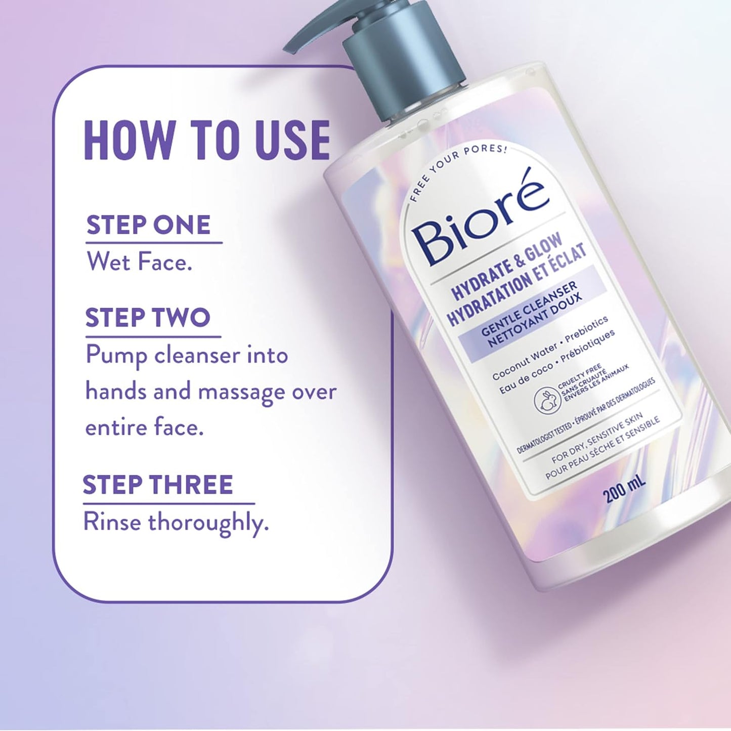 Bioré Hydrate & Glow 温和洁面乳，适用于干燥、敏感肌肤的保湿洁面乳，注入益生元和椰子水 | 经皮肤科医生测试，无动物实验，无香料，无 SLS/SLES 硫酸盐（200 毫升）
