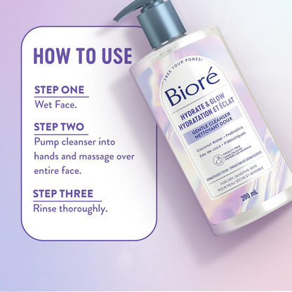 Bioré Hydrate & Glow 温和洁面乳，适用于干燥、敏感肌肤的保湿洁面乳，注入益生元和椰子水 | 经皮肤科医生测试，无动物实验，无香料，无 SLS/SLES 硫酸盐（200 毫升）