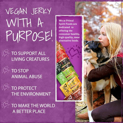 Primal Spirit Vegan Jerky - Sampler Pack, 10g. Plant Based Protein, Certified Non-GMO ("Classics" Thai Peanut, Mesquite Lime, Teriyaki, Hot & Spicy, Hickory Smoked, & Texas BBQ, 24-Pack, 1 oz.)