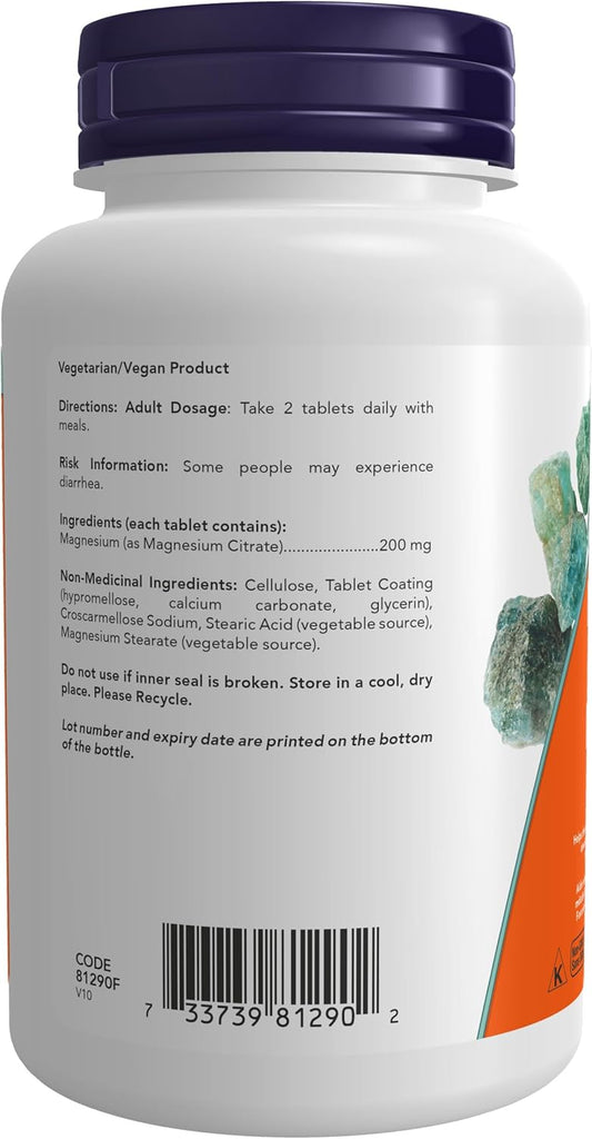 NOW Supplements, 檸檬酸鎂 200 毫克，酵素功能*，神經系統支持*，100 片