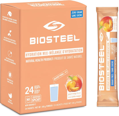 BioSteel 补水混合物，加拿大制造 - 美味补水，零糖，不含人工香料或防腐剂，桃芒果口味，24 个独立包装