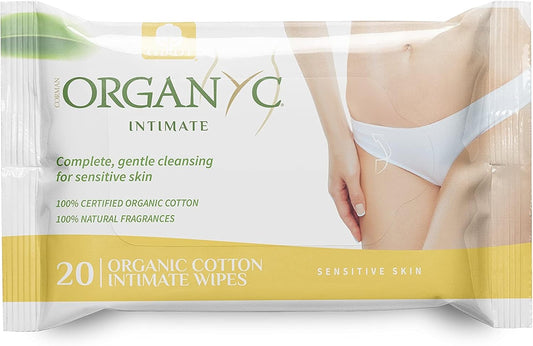 Organyc 100% Organic Cotton Intimate Wet Wipes, No Parabens, Alcohol, or Chlorine, 20 Count