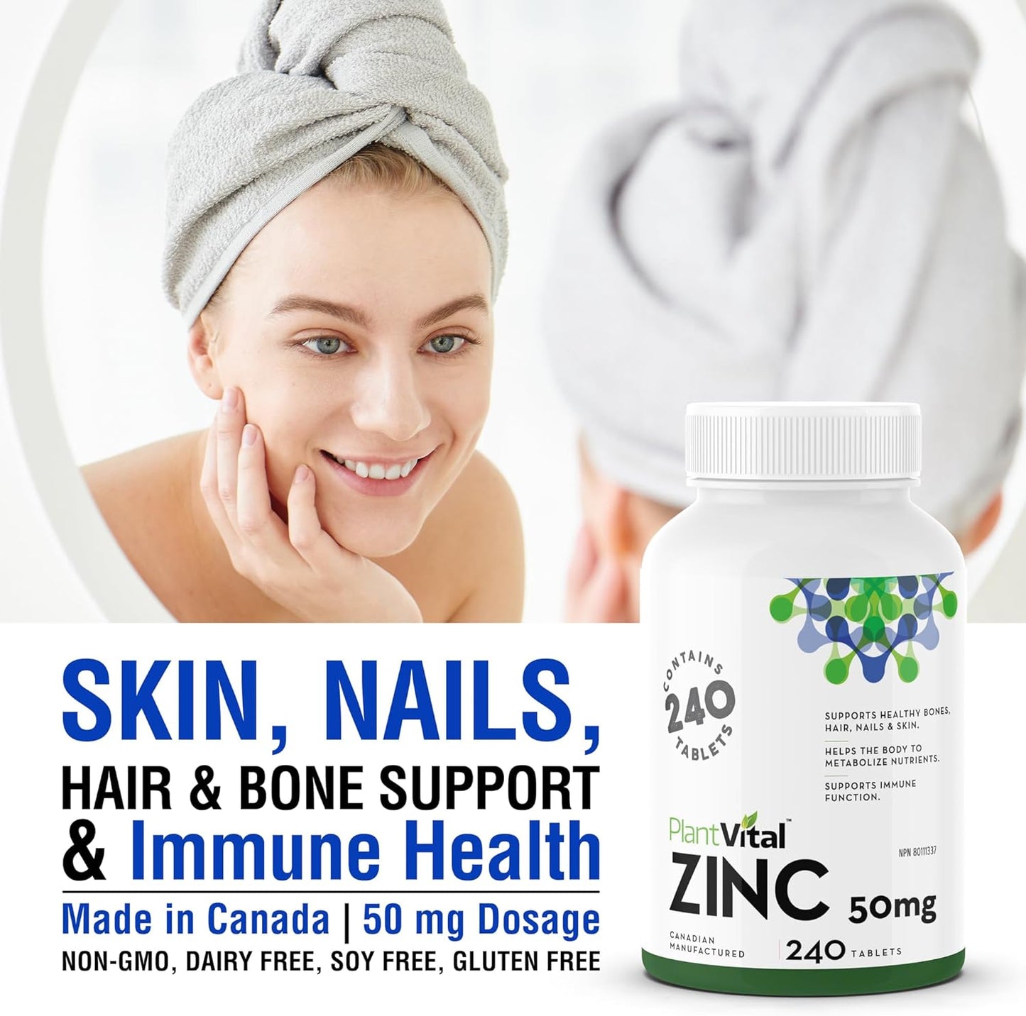 PlantVital Zinc Supplements - Made in Canada - 50mg (240 Count) - Immune Support, Healthy Bones, Hair, Nail and Skin with Zinc Gluconate 50mg - Made in Canada - Additive-Free - 240 Zinc Tablets