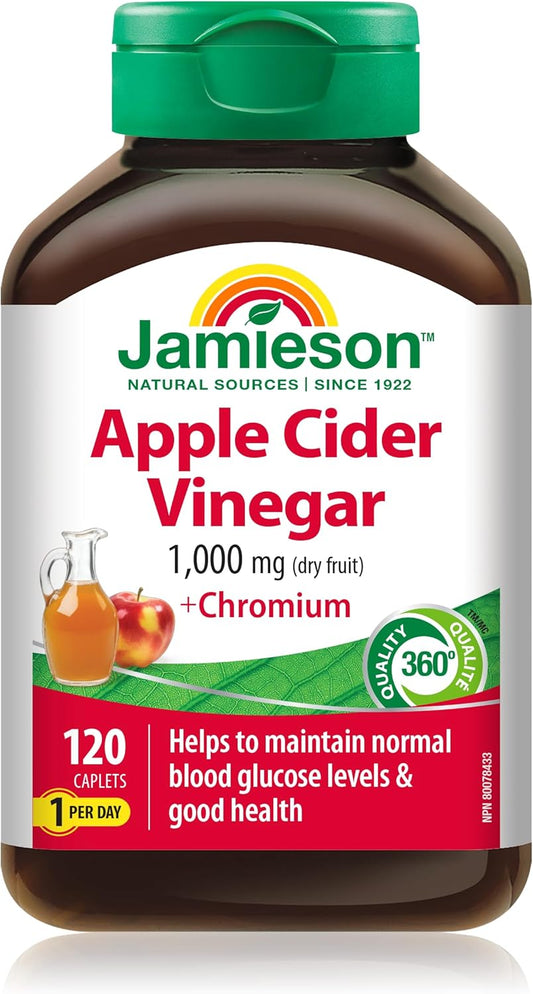 Jamieson Apple Cider Vinegar with Chromium Caplets, Helps Maintain Normal Blood Glucose Levels and Supports Metabolism. One Per Day, Vegetarian, Non-GMO, Gluten-Free, 120 Count