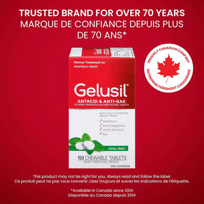 Gelusil® 抗酸咀嚼片 - 100 片，快速緩解胃部不適、胃灼熱、消化不良和脹氣，薄荷味