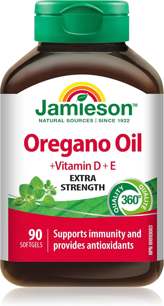 Jamieson Oregano Oil 180 mg Softgels, Extra Strength, with Vitamin D3 1,000 IU and Vitamin E. Supports Immune Health, Antioxidant, Non-GMO, Gluten-Free, 90 Count, Proudly Canadian