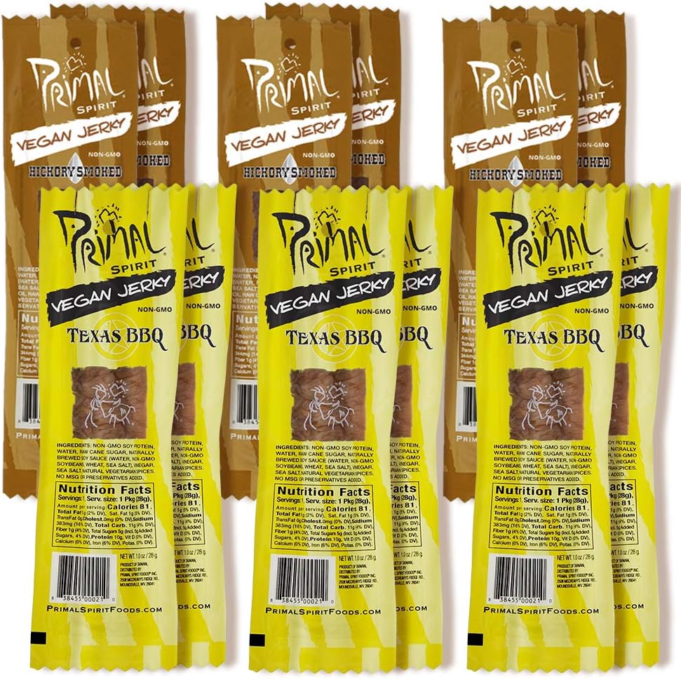 Primal Spirit Vegan Jerky - Soy Protein Energy Pack, 10 g. Plant Based Protein, Certified Non-GMO, No Preservatives, Sports Friendly Packaging The Classics Hickory Smoked and Texas BBQ (12-Pack, 1 oz)