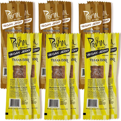 Primal Spirit Vegan Jerky - Soy Protein Energy Pack, 10 g. Plant Based Protein, Certified Non-GMO, No Preservatives, Sports Friendly Packaging The Classics Hickory Smoked and Texas BBQ (12-Pack, 1 oz)