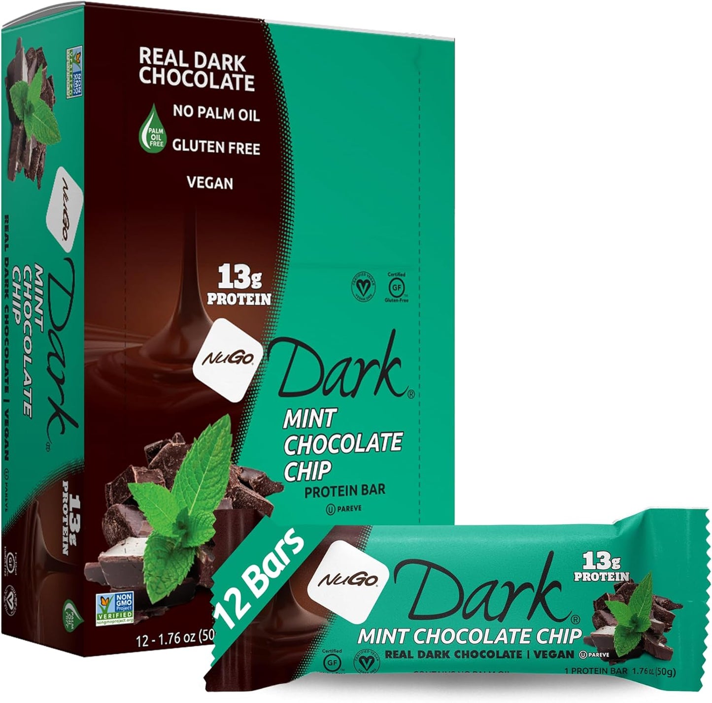 NuGo Dark Mint Chocolate Chip, 13g Vegan Protein, 200 Calories, Gluten Free, 12 Count