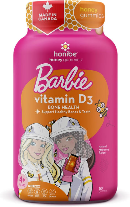 Honibe 维生素 D 软糖，适合儿童和成人，芭比，加拿大制造的蜂蜜维生素，维生素 D3 有助于支持骨骼健康、情绪和免疫系统功能，60 粒软糖