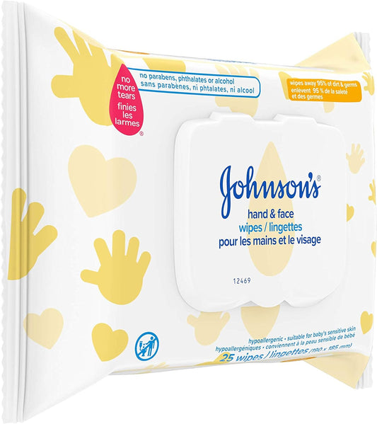 Johnson’s Hand and Face Baby Cleansing Wipes for Sensitive Skin, Alcohol Free, Travel Pack, 25 Count
