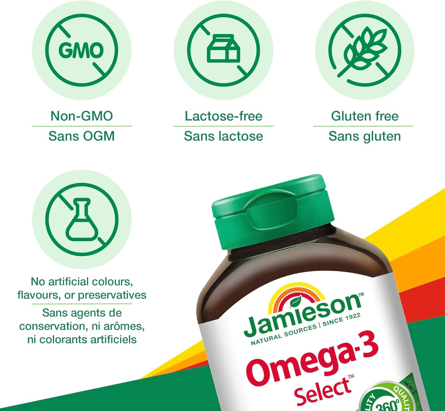 Jamieson Omega-3 Select 1000毫克，改善心臟健康，支持大腦健康，並減少發炎。含300毫克EPA和200毫克DHA，非基因，無麩質，200粒軟膠囊