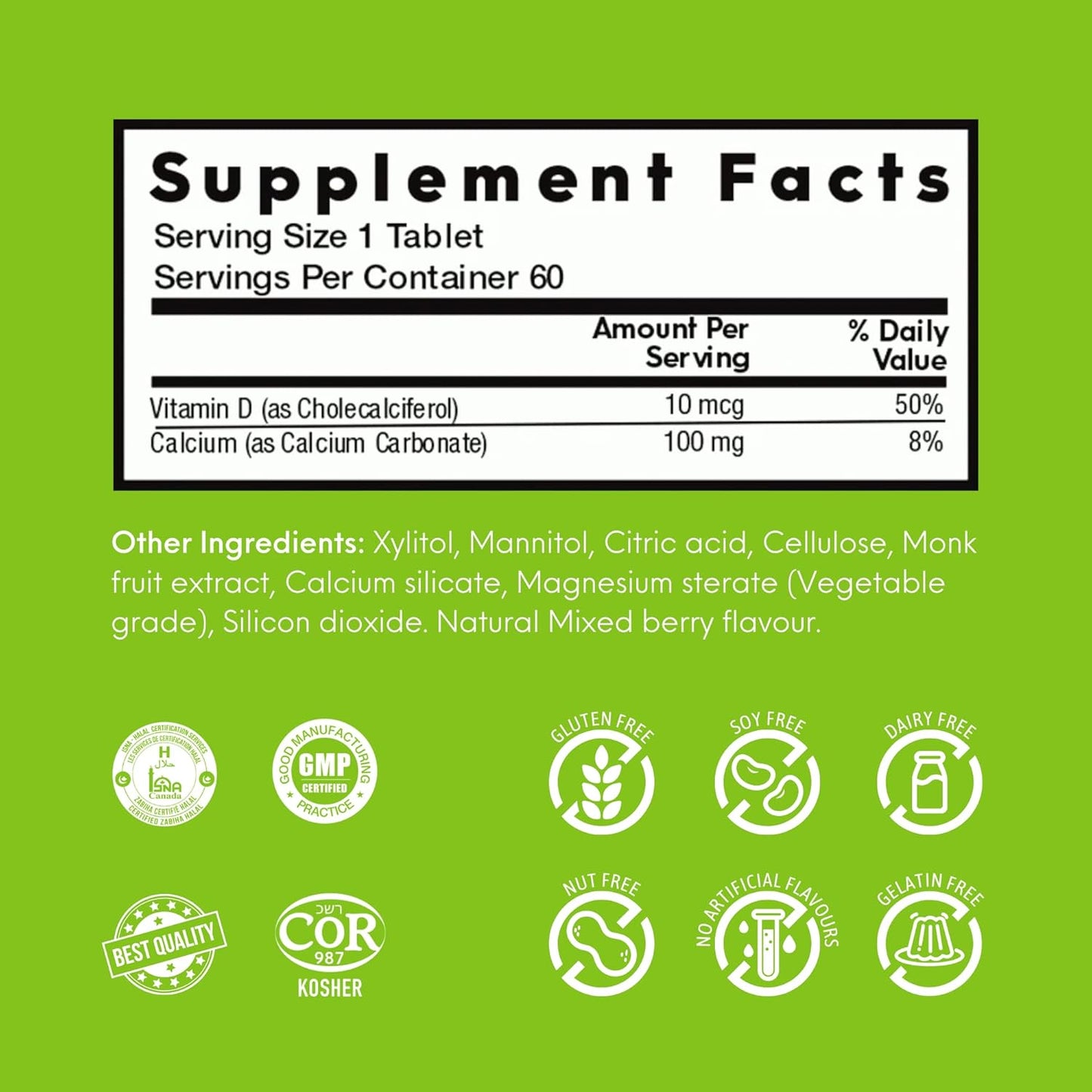 Nutrameltz 鈣 + 維生素 D3 – 促進肌肉功能、強化骨骼和牙齒、增強免疫力、預防鈣 d3 維生素缺乏症速溶片，混合漿果味（60 片）