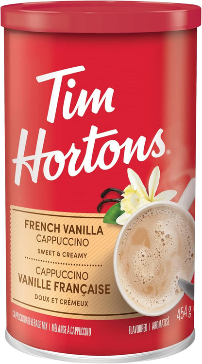 Tim Hortons 脱咖啡因、细磨咖啡、中度烘焙、640 克罐装 & Tim Horton's 速溶卡布奇诺、法式香草、16 盎司