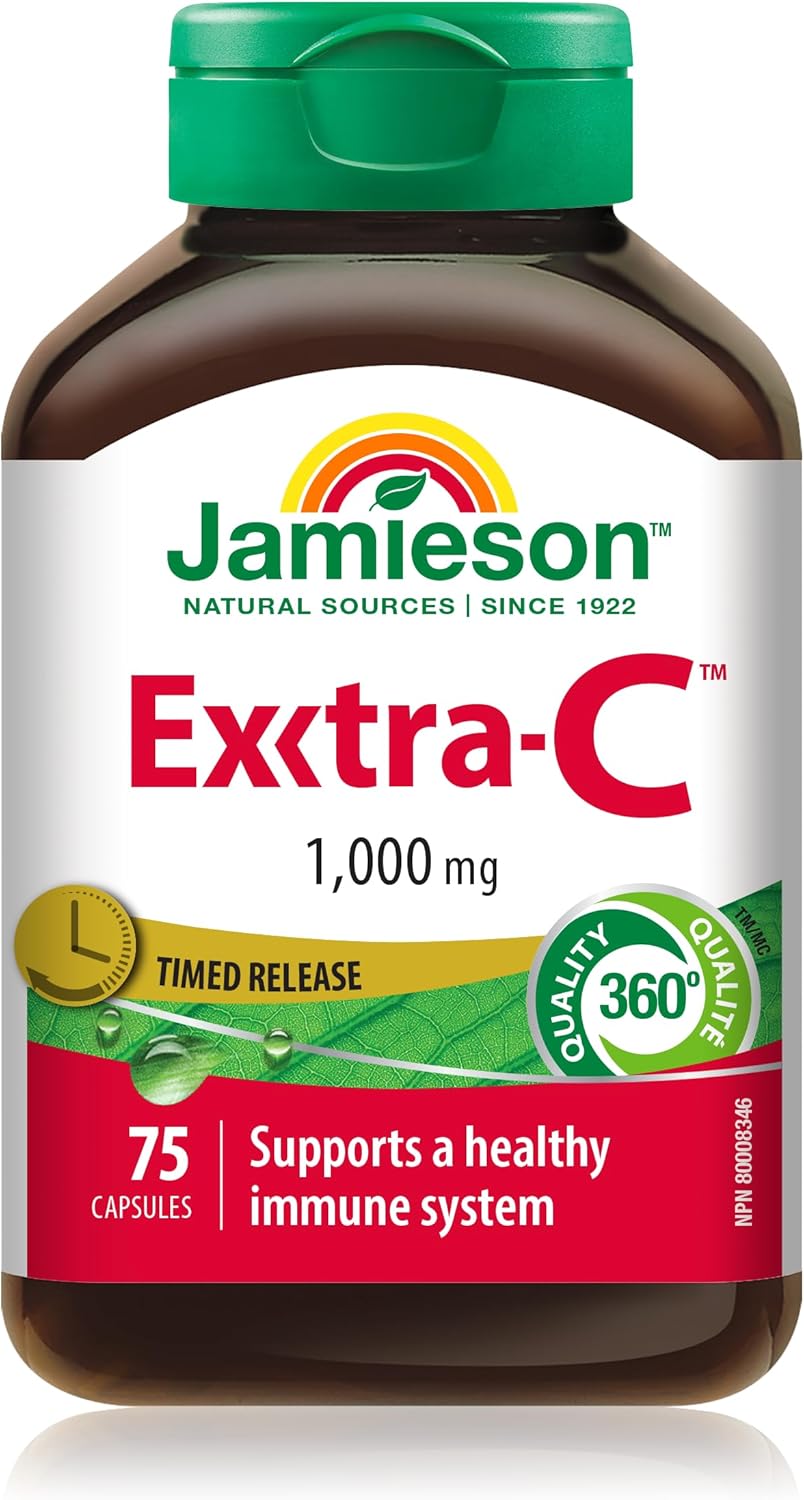 Jamieson 維生素 Exxtra C 緩釋片 1,000 毫克，高效吸收，生物利用度高，溫和不傷胃，支持免疫健康，強健牙齒和骨骼。素食，無麩質，75 粒膠囊，加拿大製造