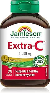 Jamieson 維生素 Exxtra C 緩釋片 1,000 毫克，高效吸收，生物利用度高，溫和不傷胃，支持免疫健康，強健牙齒和骨骼。素食，無麩質，75 粒膠囊，加拿大製造